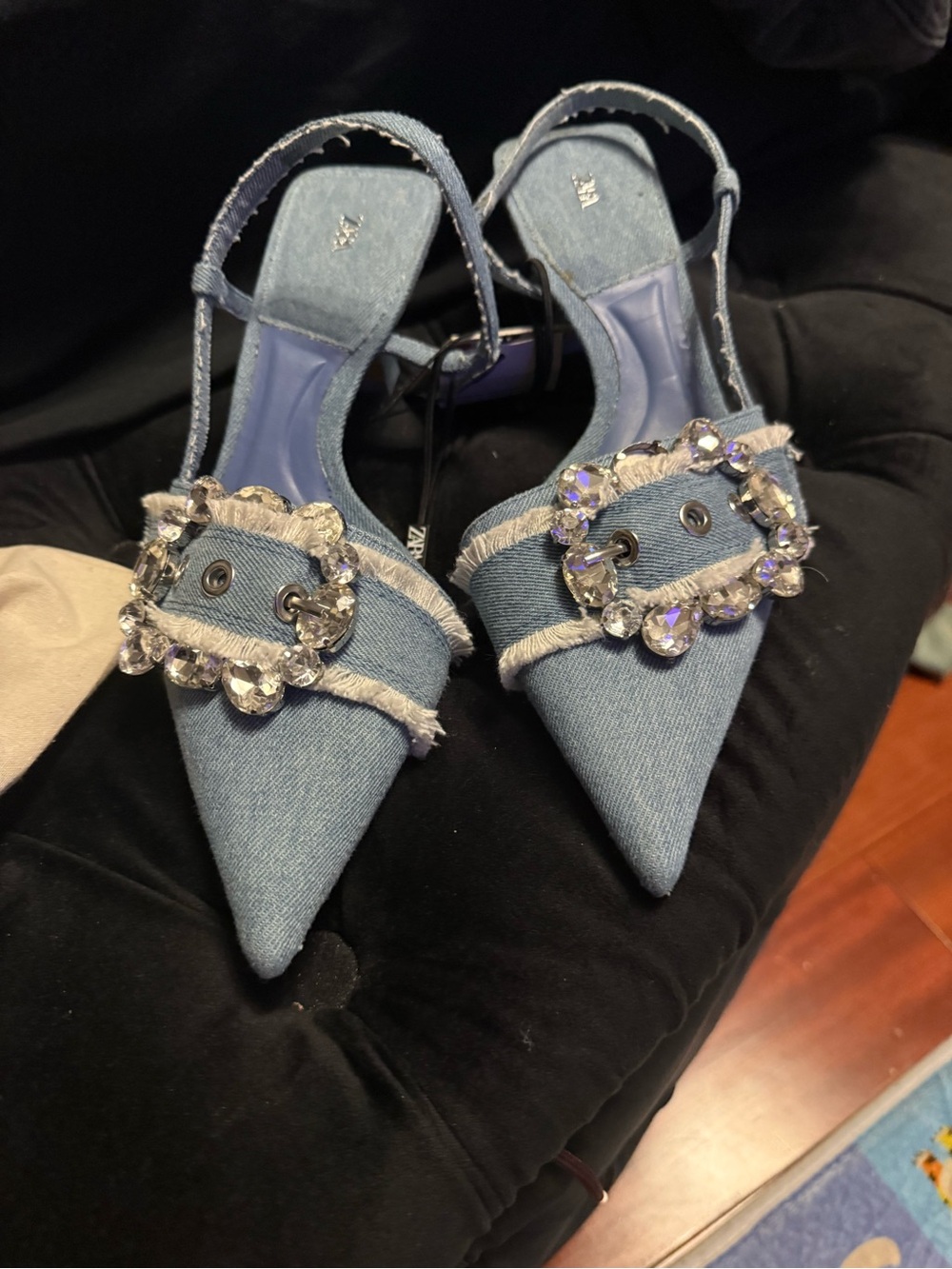 Zara Light Blue Denim Pointed Slingback Heels with Crystal Buckles